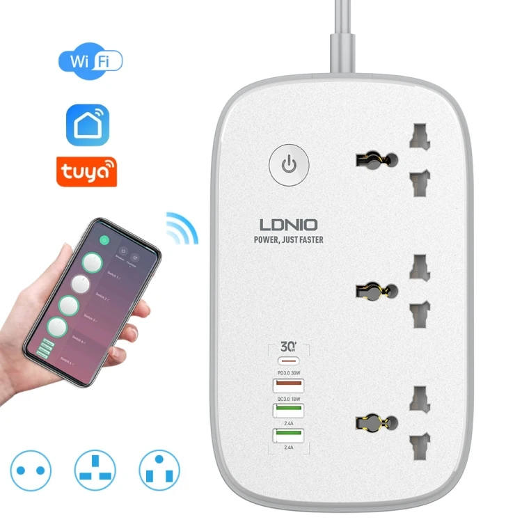 Умный удлинитель LDNIO SCW3451 Wi-Fi с функцией быстрой зарядки вилкой Uk/Us/Eu 100-250