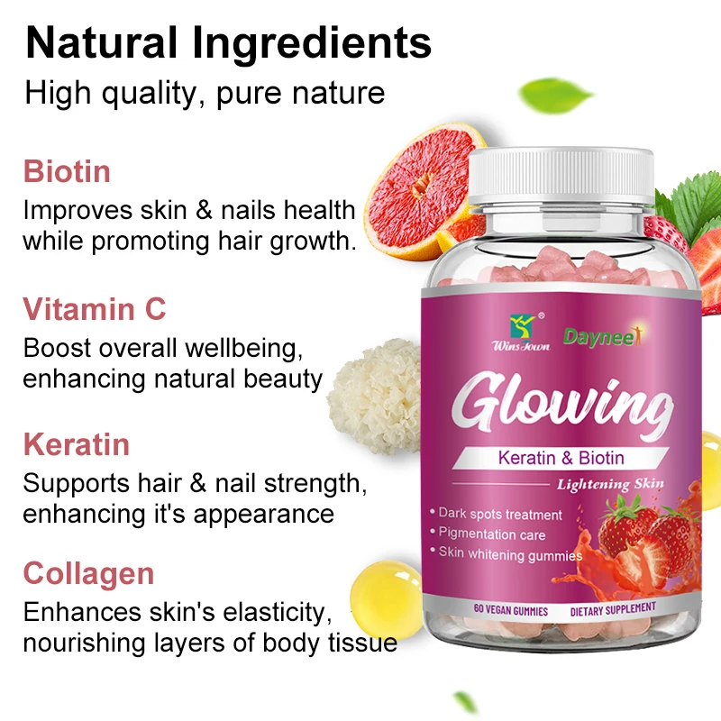Winstown daynee skin glowing gummies keratin biotin lightening beauty OEM whitening glowing gummies for skin