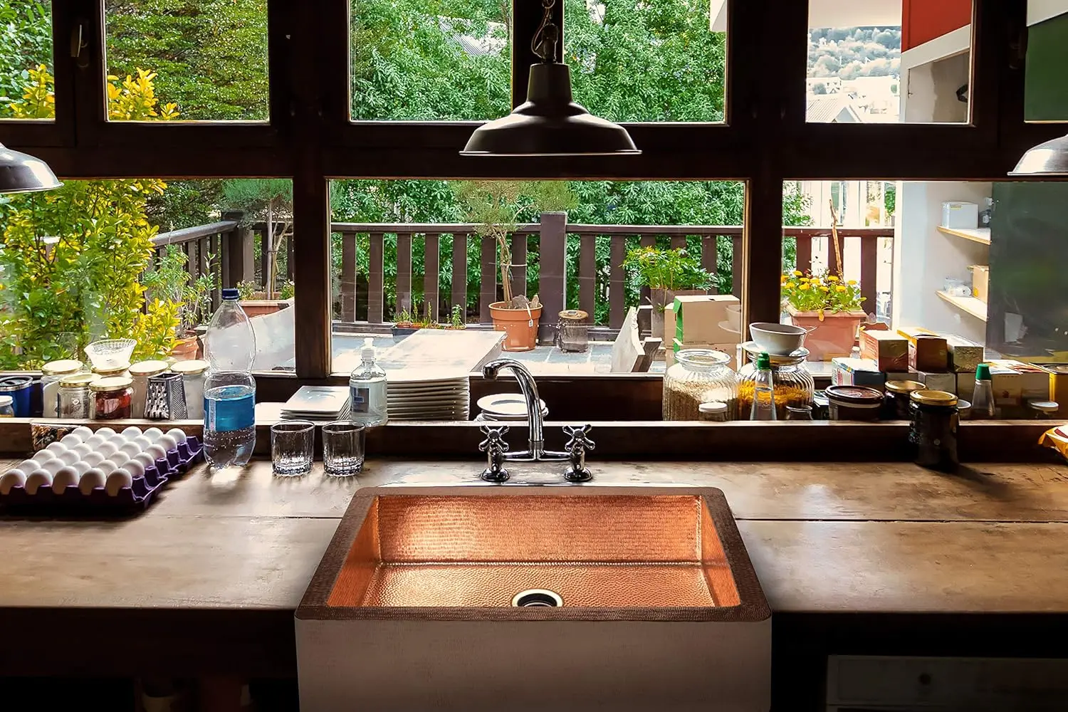 Farmhouse Copper Kitchen Sink Single Well Plain Straight Apron Hammered Copper Shiny Finish and Special Hammering on Lip Apro