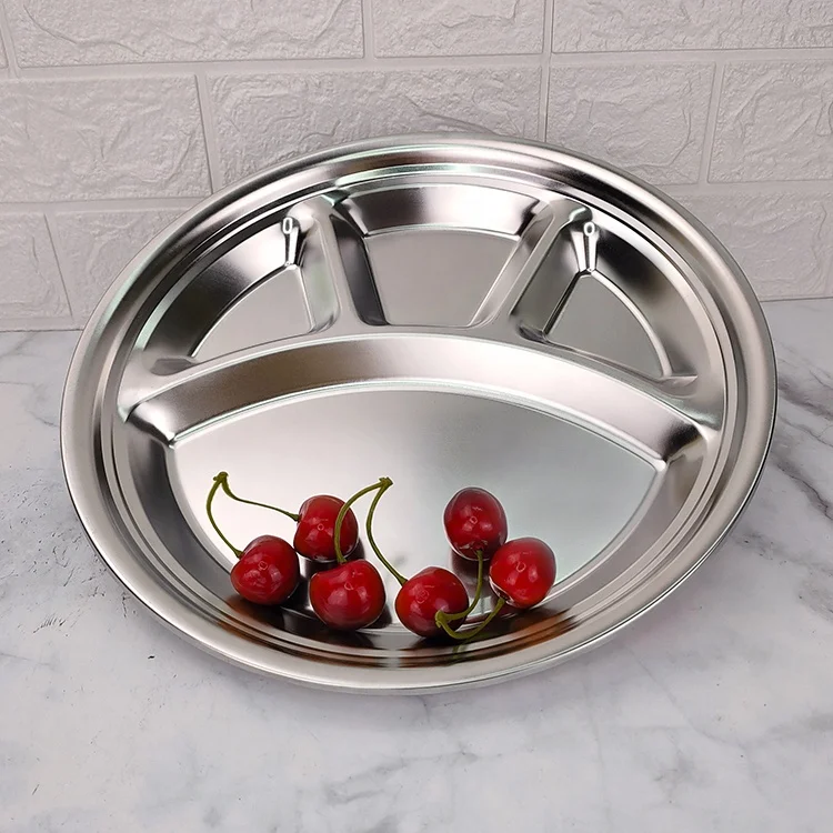 
Stainless Steel 4 Sections Round Divided Plate Dish Snack Dinner Tray Lunch 