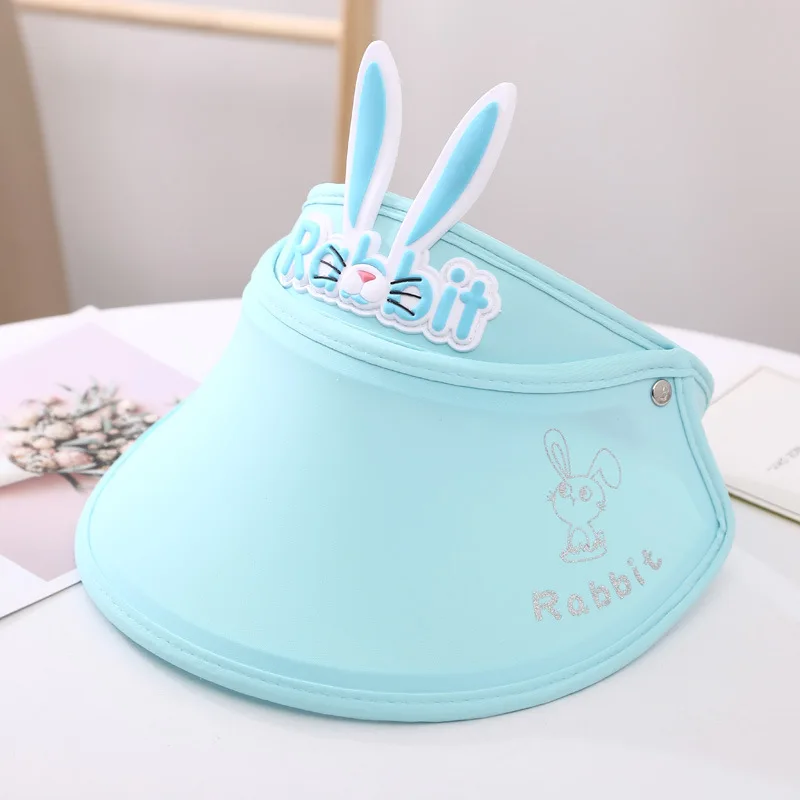 Wholesale 2-6years Solid Plain Cute Child Rabbit Ear Promotional Sun Summer Plastic Ponytail Beach Hat For Kids Girls Visor Cap