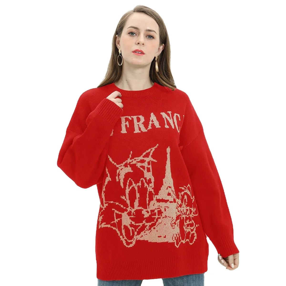 Custom Fashion Custom New Design  Autumn Winter Christmas newyear O neck Knit Sweater Long Sleeve Loose Woman Sweater