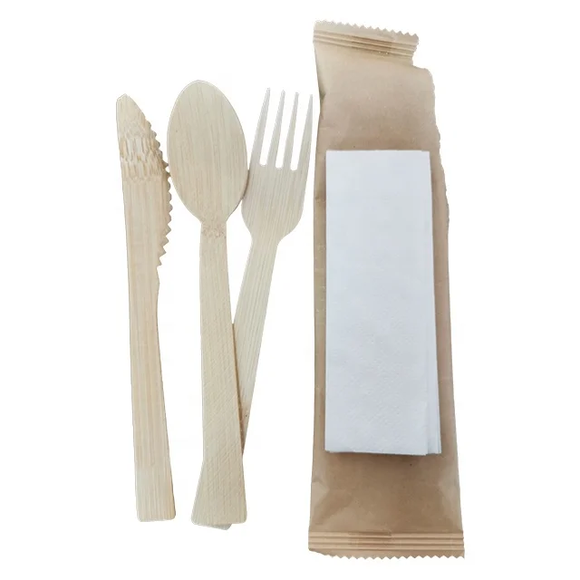 High Quality Kraft Paper Wrap Disposable Spoon Fork Knife Bamboo Set Cutlery