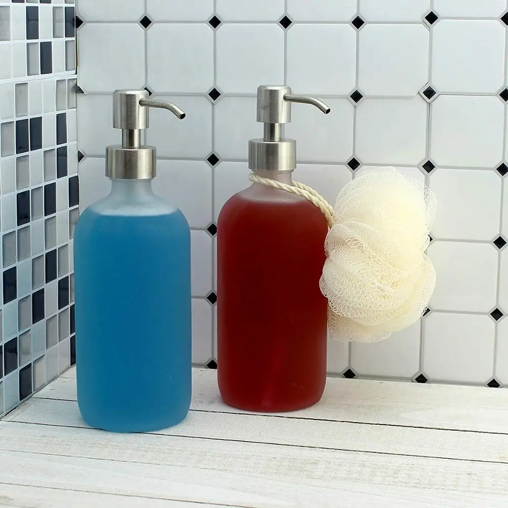 16OZ Round Empty Lotion Pump Bottles Frosted Glass Soap Dispenser With Stainless Steel Pumps