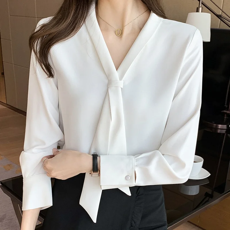 Long Sleeve Chiffon Blouse Shirt Women Blusas Mujer De Moda 2024 Bow V-Neck Office Lady Tops Women Blouses 8306#