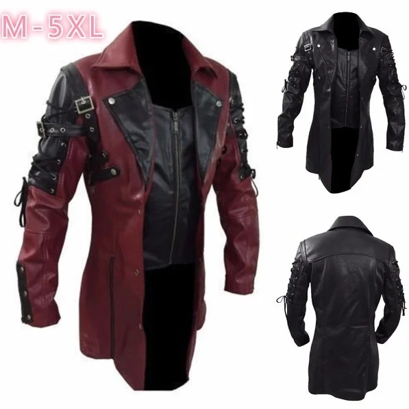 Mens Punk Leather Jacket Button Drawstring Long PU Leather Jacket Plus Size Moto Biker Leather Jacket 5XL
