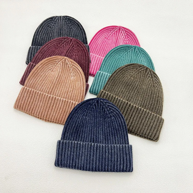 Retro Wash Rib Knitted Hat Wool Fashion Simple Warm Skullies Beanies Vintage Solid Autumn Winter Beanie Cap for Men Women