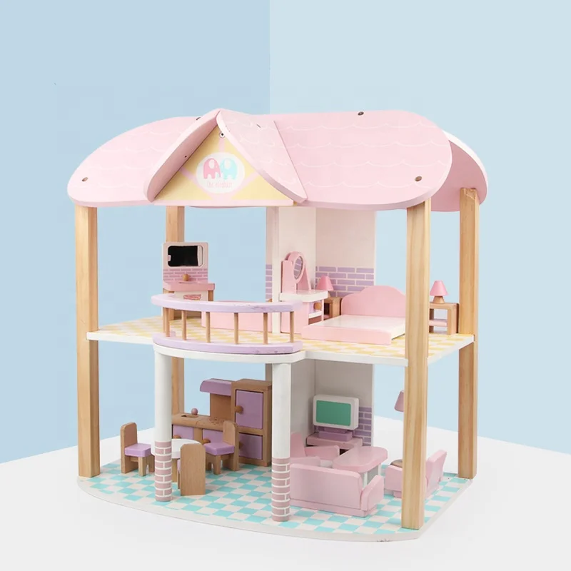 Wholesale Wooden children play house toy pink princess doll house cabin girl gift simulation castle villa wooden toy house