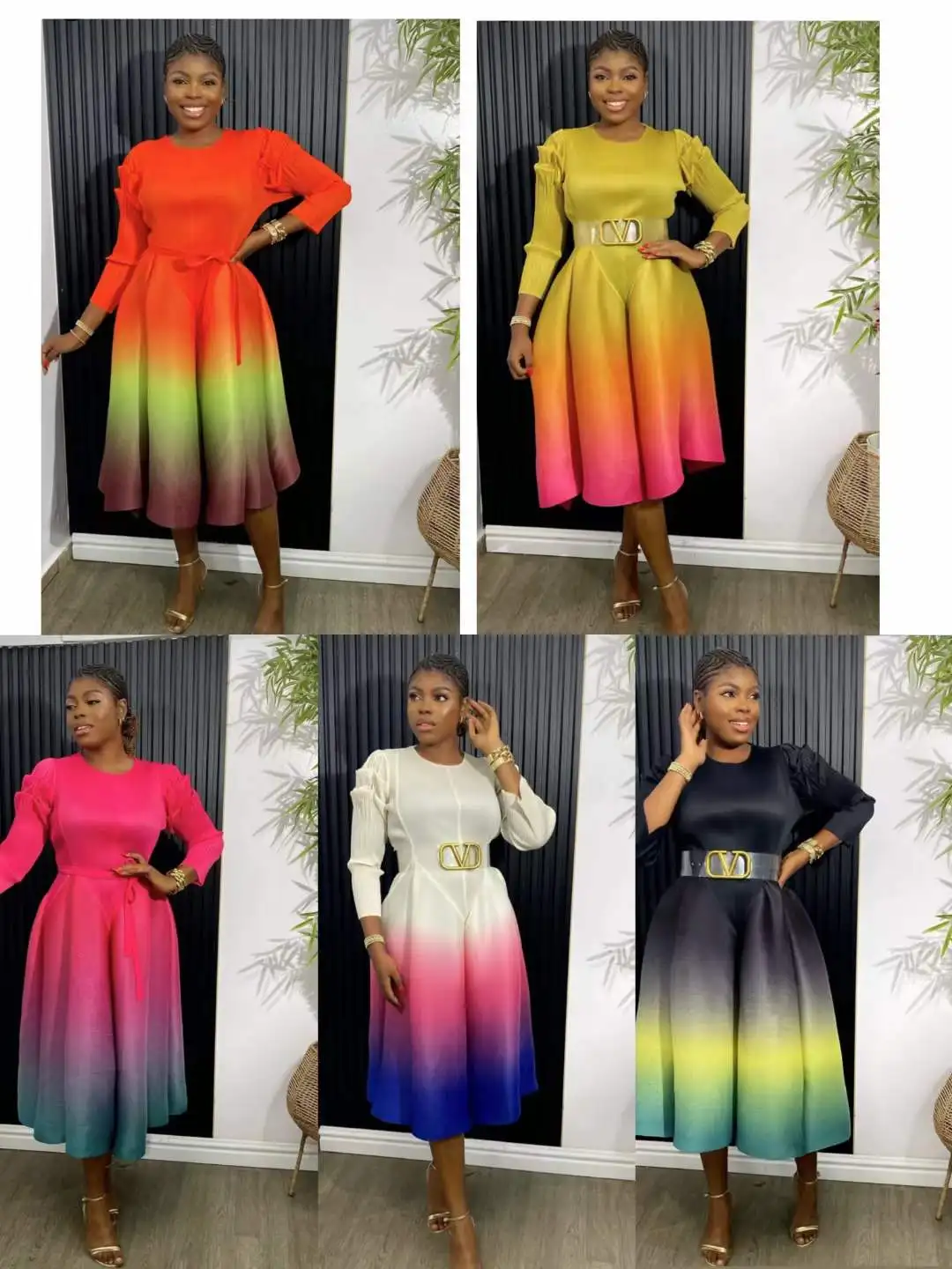 Newest Fashion Elegant Casual Style Factory Outlet Operated Gradient Color Round Neck Miyake Pleated Tunic Woman Dress