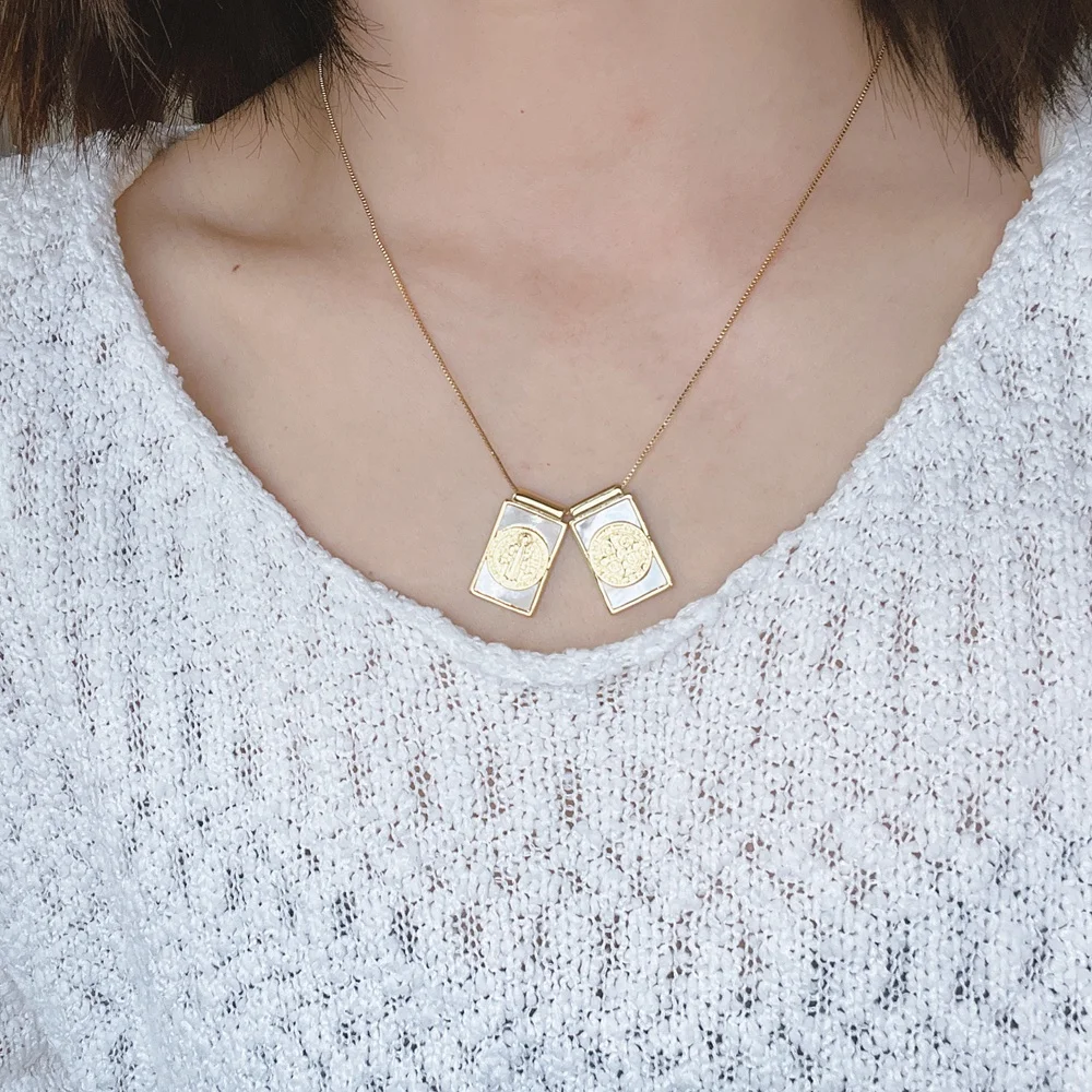 Religious Saint Benedict Cross Guadalupe Necklaces Natural Sea Shell Pendant Neck For Women Wholesale Custom