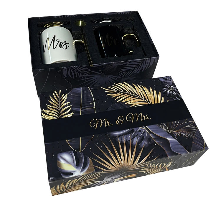 luxury rigid cardboard packaging custom printed personalized coffee mug set gift box with foam insert tray