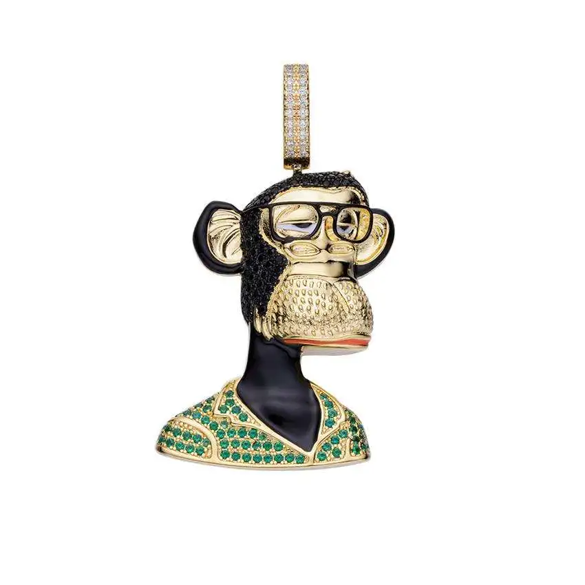Green Zircon Gold Plated Black Diamond Pave Silver Crypto Punk Nft Brass Enamel Animal Monkey Pendants