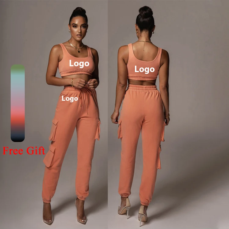
custom logo two piece pants set 2021 2 piece set women tracksuit joggers suits cotton two piece crop top and sweatpants 