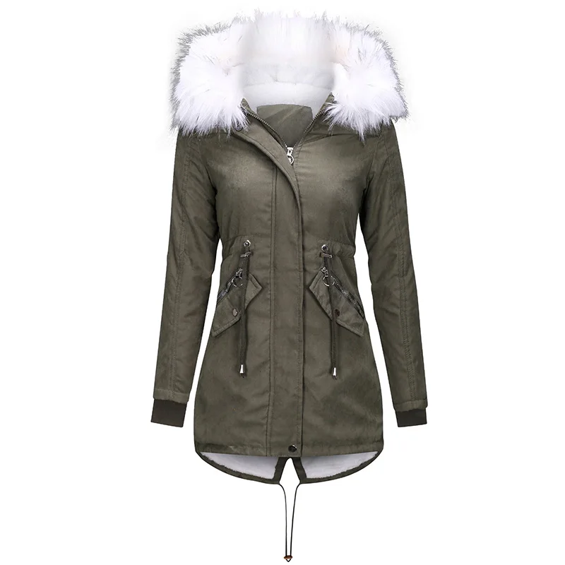 
2019 New Arrivals Wholesale Fashion Womens Winter Long Coats Faux Fur Lining Outwear Jacket with Hood 