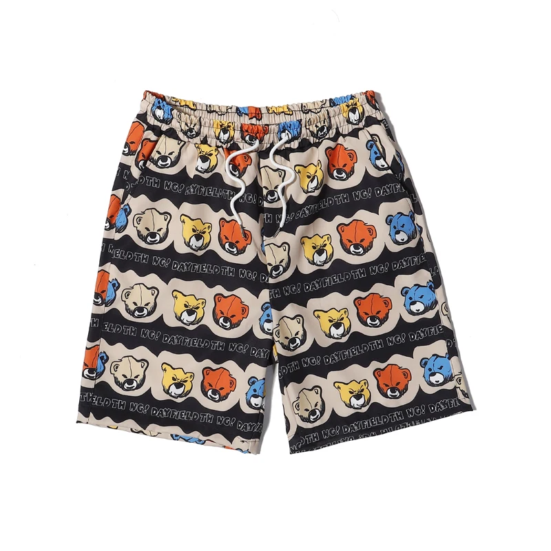 Street wear fashion Little bear print sweat shorts polyester stretch Quick dry stripe swimshorts men streetwear