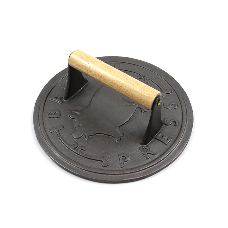 cast iron bbq heavy-duty meat bacon press with wood handle