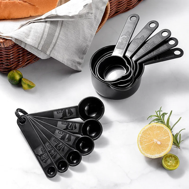 Professional 11-Pcs Black Plastic Kitchen Baking Accessories Durable 5 Measuring Cups and 6 Measuring Spoons Set for Home Use