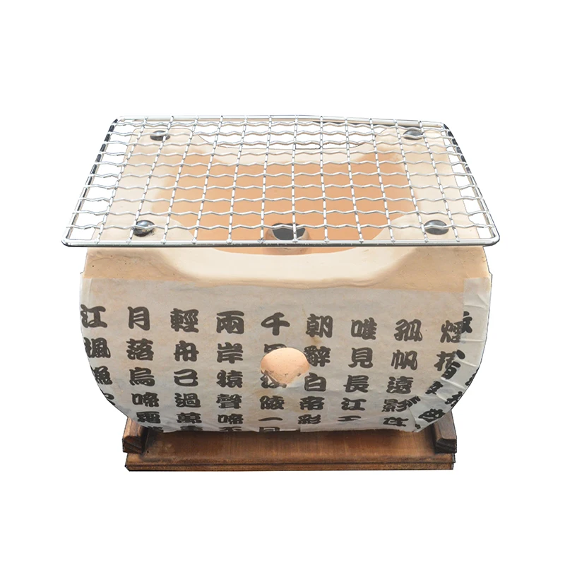 Japanese Tabletop Shichirin Konro Charcoal Grill with Wire Mesh and Wooden Base Hibachi Style Yakiniku