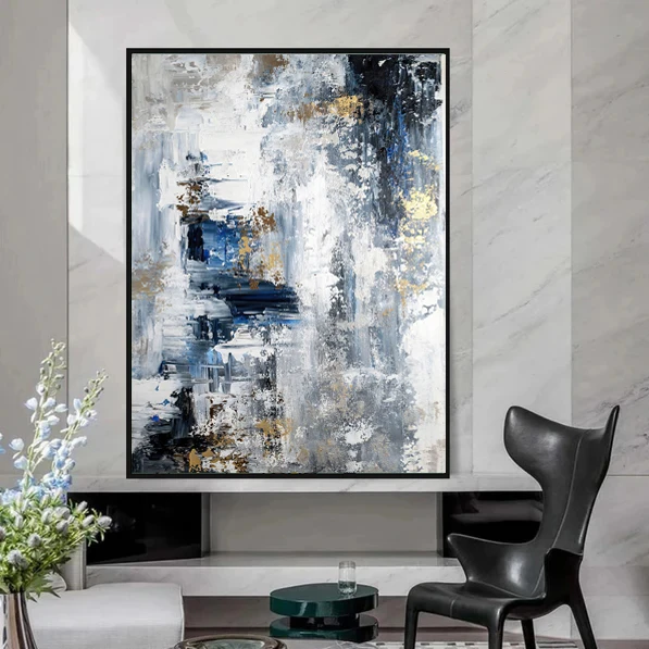 Blue Abstract Canvas Light Blue Painting Gold Color Prints Abstract for Bedroom Decor Landscape Painting large wall art