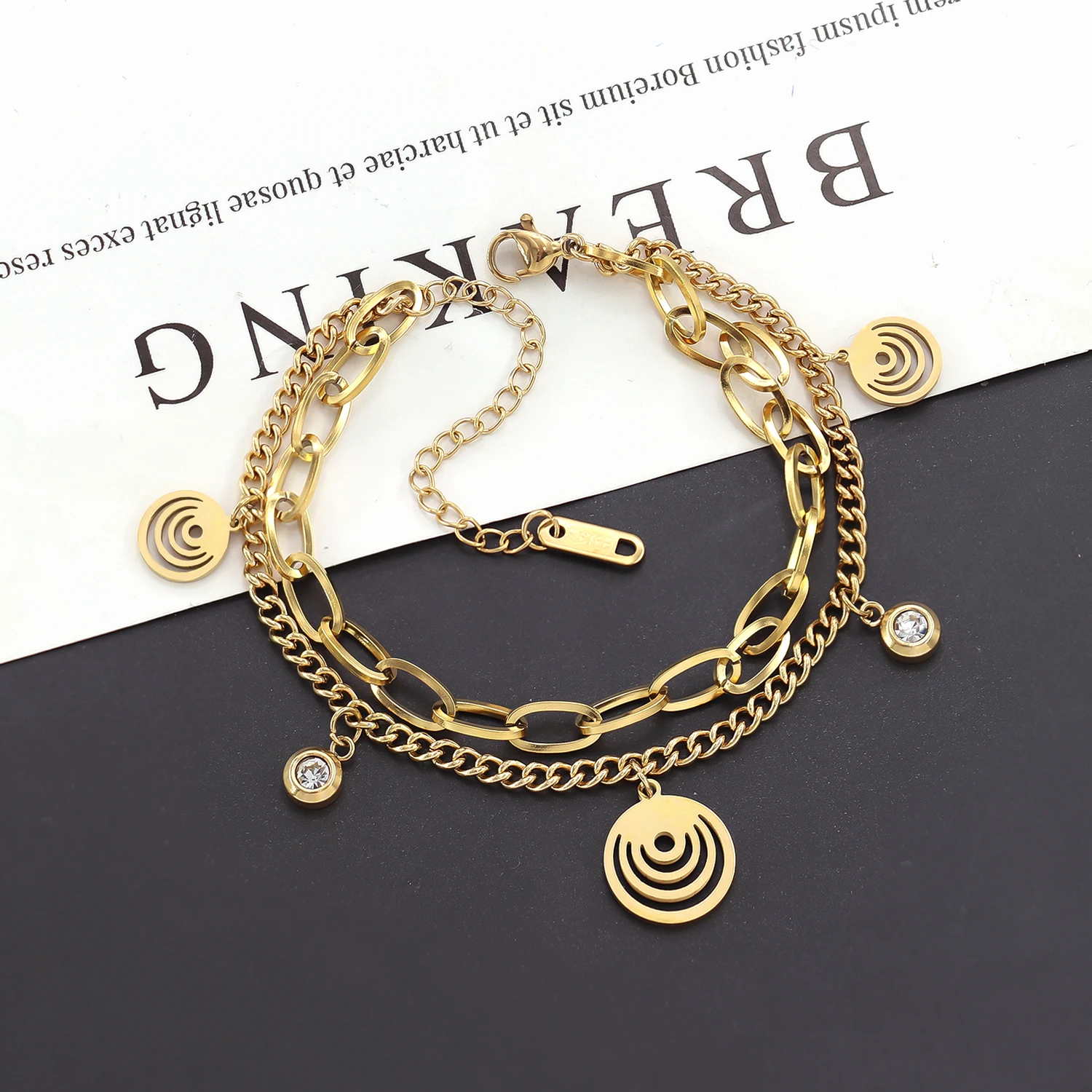 New Trendy Unisex Jewelry 18K Gold Plated Stainless Steel Double Layered Infinity Symbol Diamond Pirate Anchor Coin Bracelet