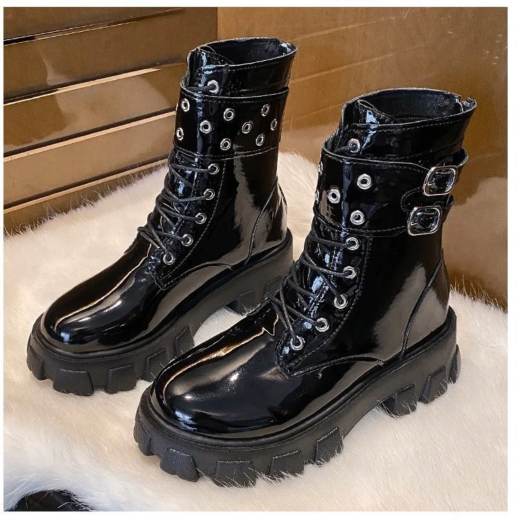 Martin Boots Alone Handsome Knight Boots 2022 Autumn European and American New Style Thick-soled Buckle Patent Leather Women PU