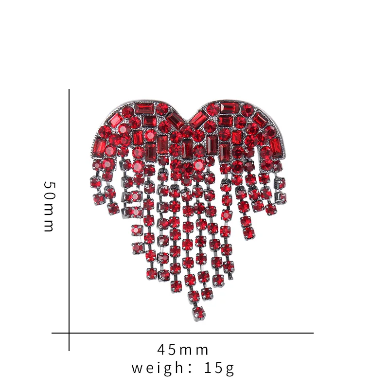 New Arrival High Quality Gun Black Plated Red Crystal Rhinestones Heart Tassel Jewelry Brooch Pin