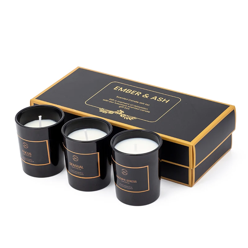 AIKUN Hot Sale Private Label Soy Wax Scented Candles Wholesale Handmade Black Glass Jars 3 in 1 Luxury Scented Candle Set