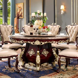 European neoclassical red sandalwood painted gold dining table chairs combination turntable dining set American Villa