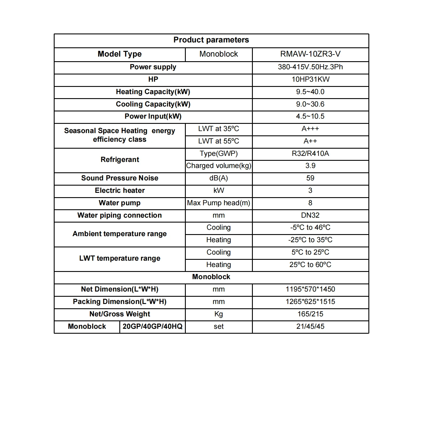 Home heating and cooling monoblok System 31kw 16 kw R290 monoblock air source heat pump for houses