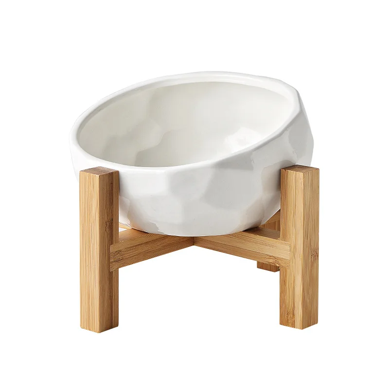 zss394 Wholesale Custom Ceramic Dog Food Bowl with Wooden Stand Pet Cat Feeder Water Bowl
