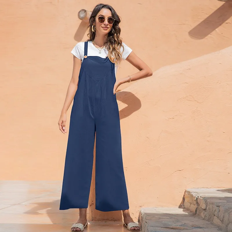 2022 new arrival summer ladies vintage cami jumpsuit female solid suspender long straight leg pants women casual loose jumpsuits