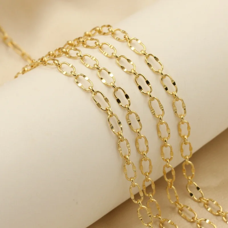 14K Gold Filled Hammered Oval Cable 3mm Chain Necklace Peanut Rectangle Link Chain Tarnish Resistant DIY Jewelry Findings