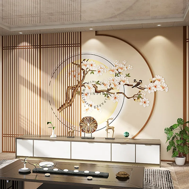 Chinese classical screen health yoga studio wallpaper Guzheng classroom tea room beauty salon ancient style mural