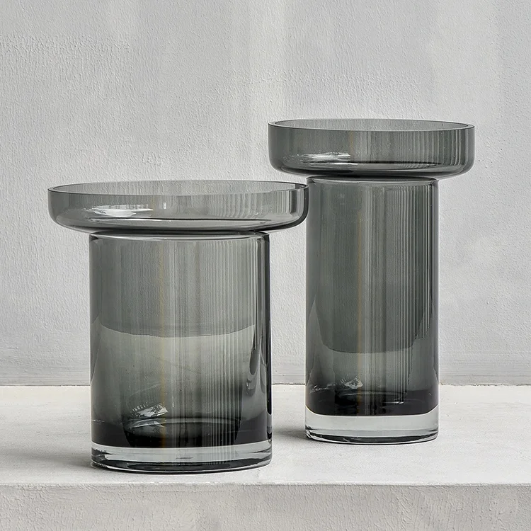 Bixuan Vases Grey Glass Flower Arrangement Vase Unique Wide Mouth Design Cylinder Tube Shape Table Decor Centerpiece Vases