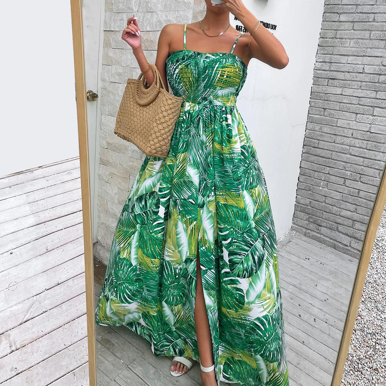 2022 New women summer dress Tropical Print Belted Ruffle Hem Dresses long split halter Ladies traveling beach dresses