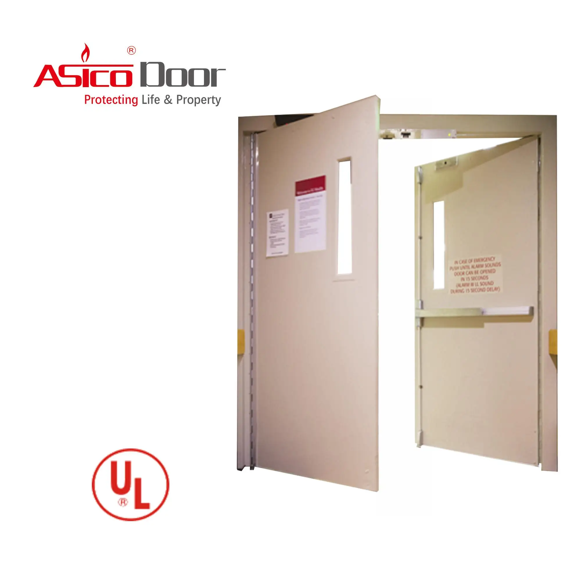 Exterior residential metal fire emergency exit door with glass fire resistant door