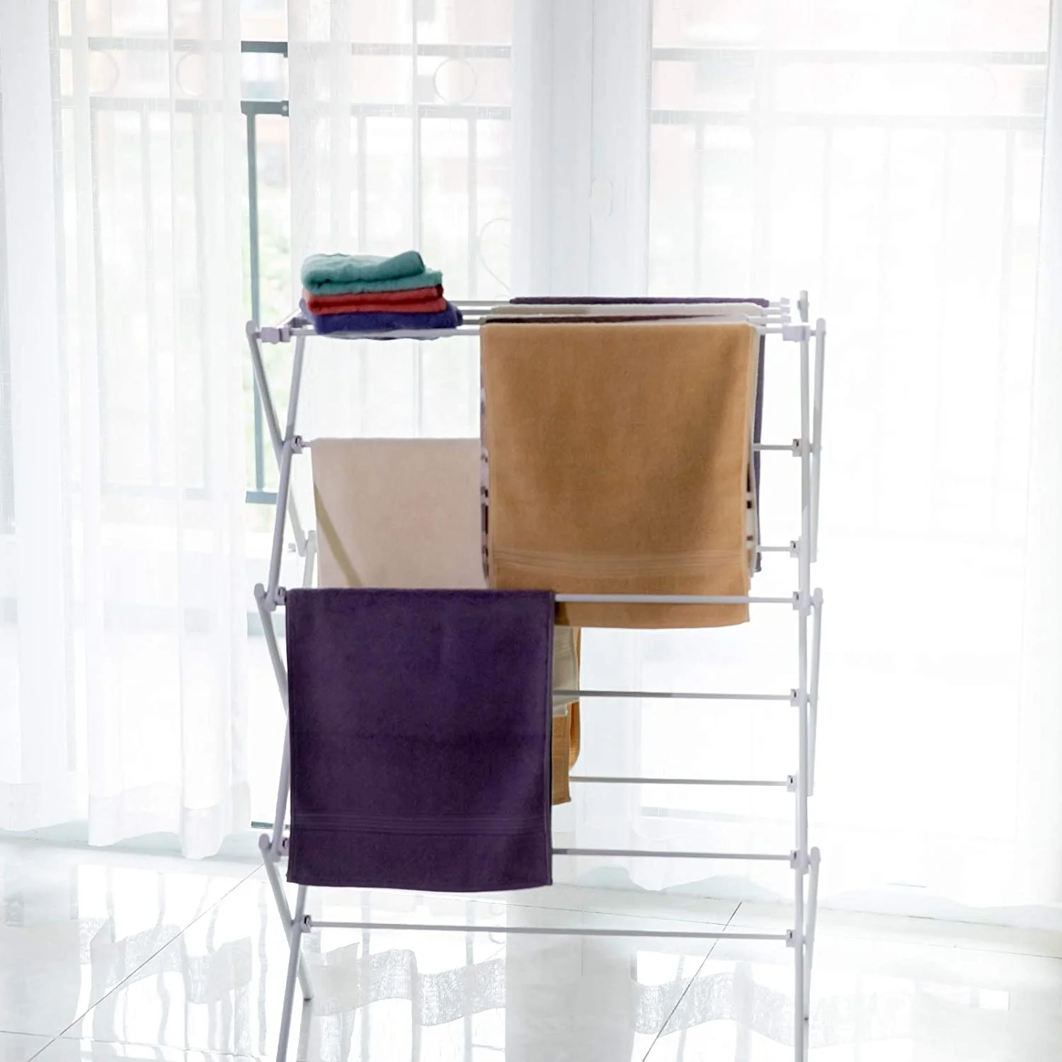 3 Tiers Extendable Clothes Drying Rack, Vertical Laundry Rack Portable and Collapsible for Storage Indoor Outdoor, White