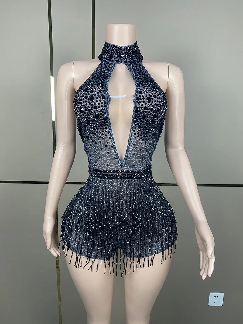 Red Black Rhinestones Fringes Transparent Bodysuit Women Dance Celebrate Performance Costume Birthday Evening Outfit