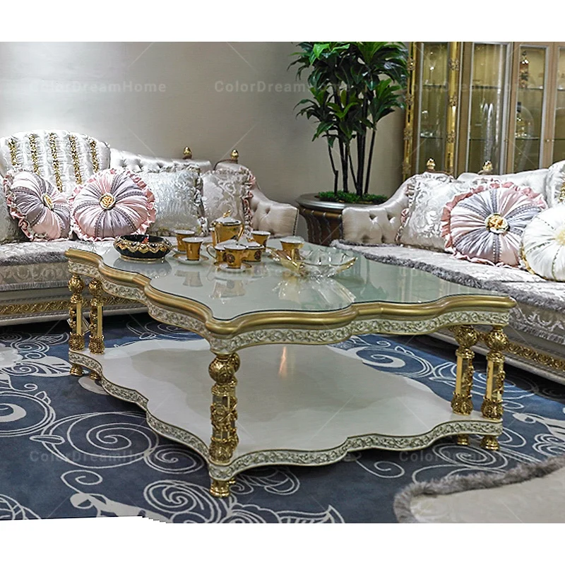 french living room furniture Luxury Gold square coffee table set wooden center table