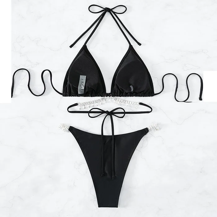 Wholesale Women Sexy Micro Mini Bikinis Black Lace-up Bathing Suit Girls Sexy Crystal Diamond Swimwear