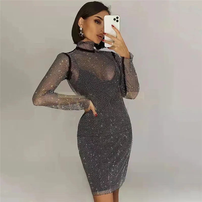 Women High Neck Long Sleeved Fishnet Mini Dress Sexy Elegant Party Dress
