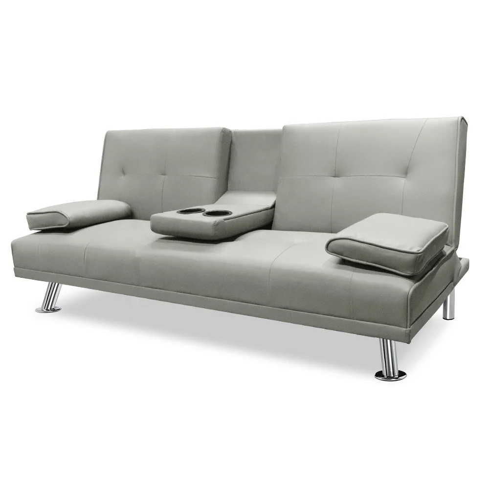 Домашний диван-кровать с Современная искусственная кожа Сложите вверх и вниз с откидывающейся спинкой дивана, желтовато-коричневый, серый