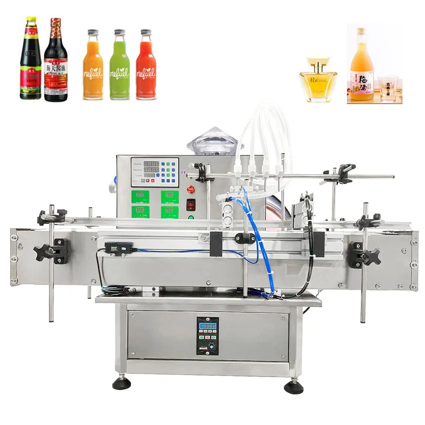 Fully Automatic 4 Heads Small Scale Glass Bottle Vial Beverage Juice Perfume Essential Oil Liquid Filling Machine With Conveyor