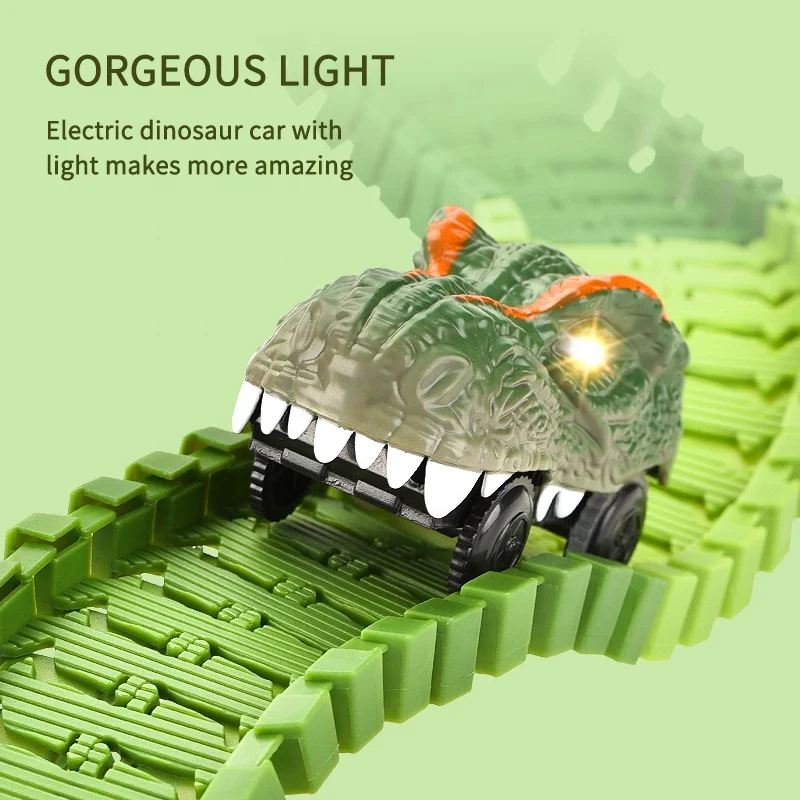 DIY Assemble Electric Dinosaur Track Car With Lights Dinosaur Theme Park Scene Rail Slot Toys Dinosaur Vehicles For Kids
