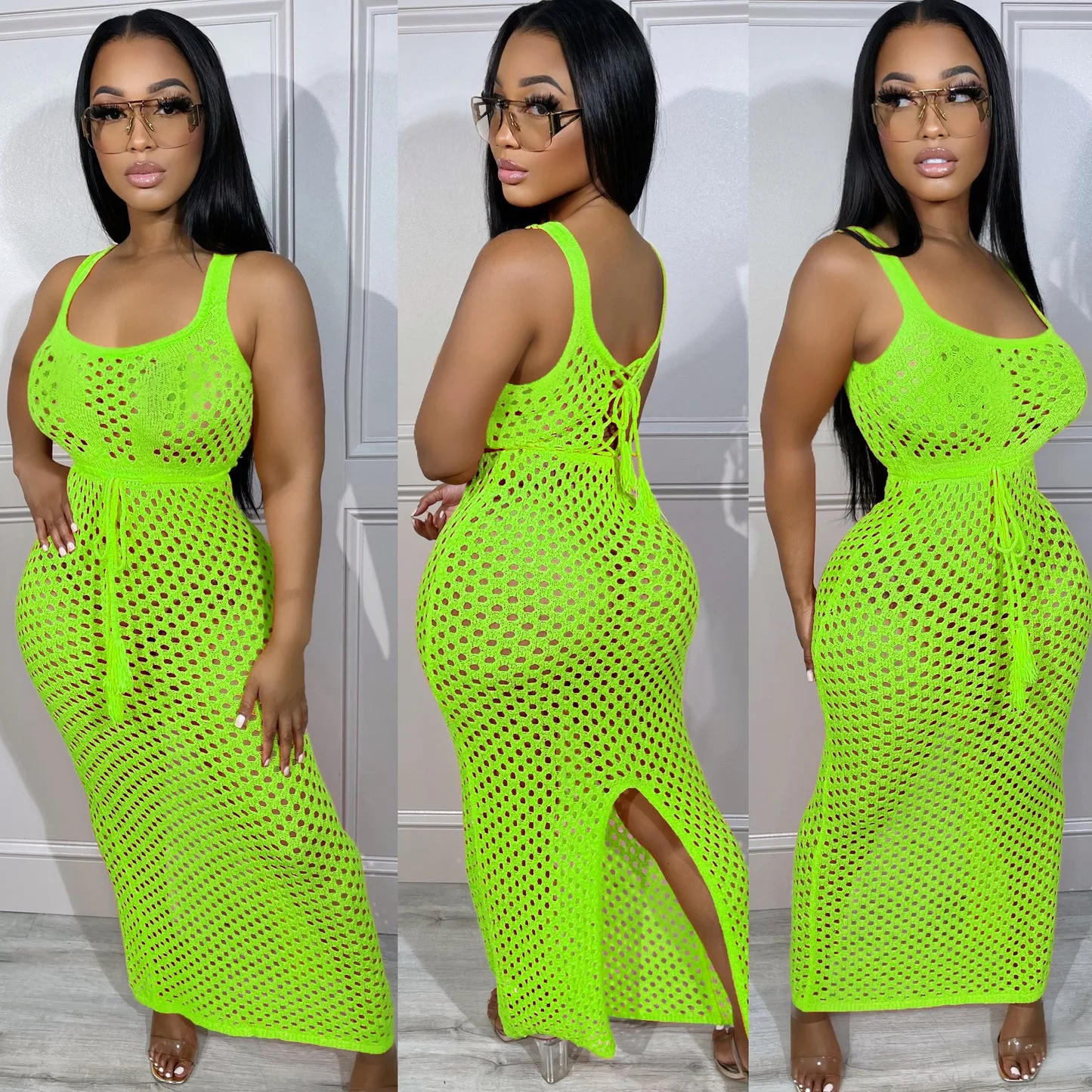 GX3336 Boutique summer sexy bodycon casual long slit dress sleeveless sexy see through hollow beach dresses