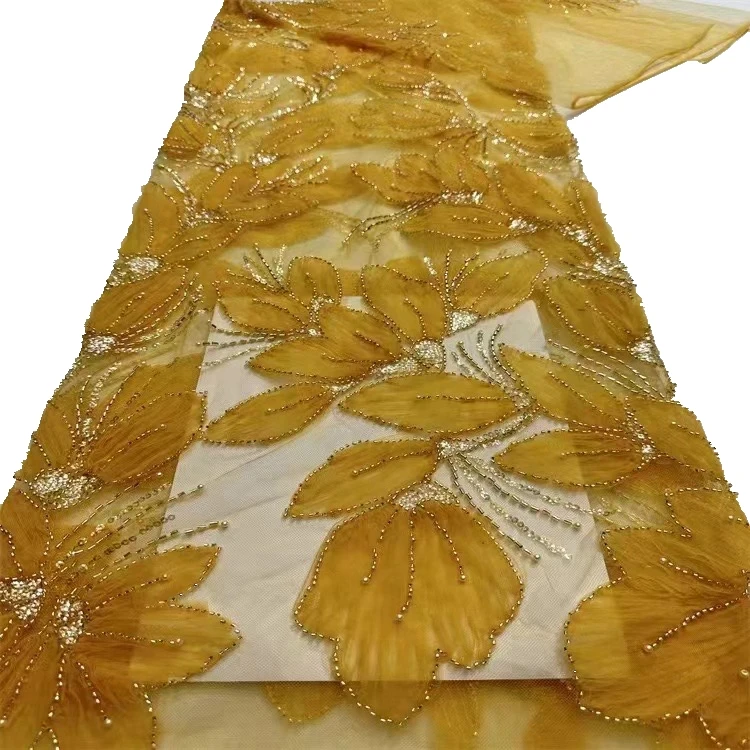 New middle East Handmade gold beaded lace wedding dress for Dudai lady sequin fabric embroidery Dubai lace evening dress