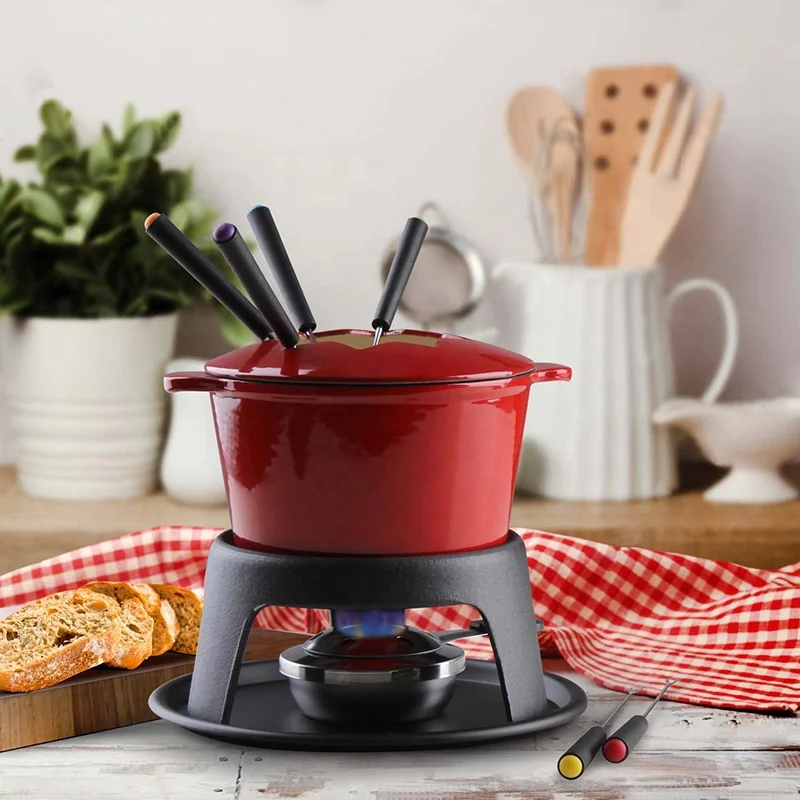 hot sale cast iron enameled fondue set with forks custom color for cheese, meat & chocolate