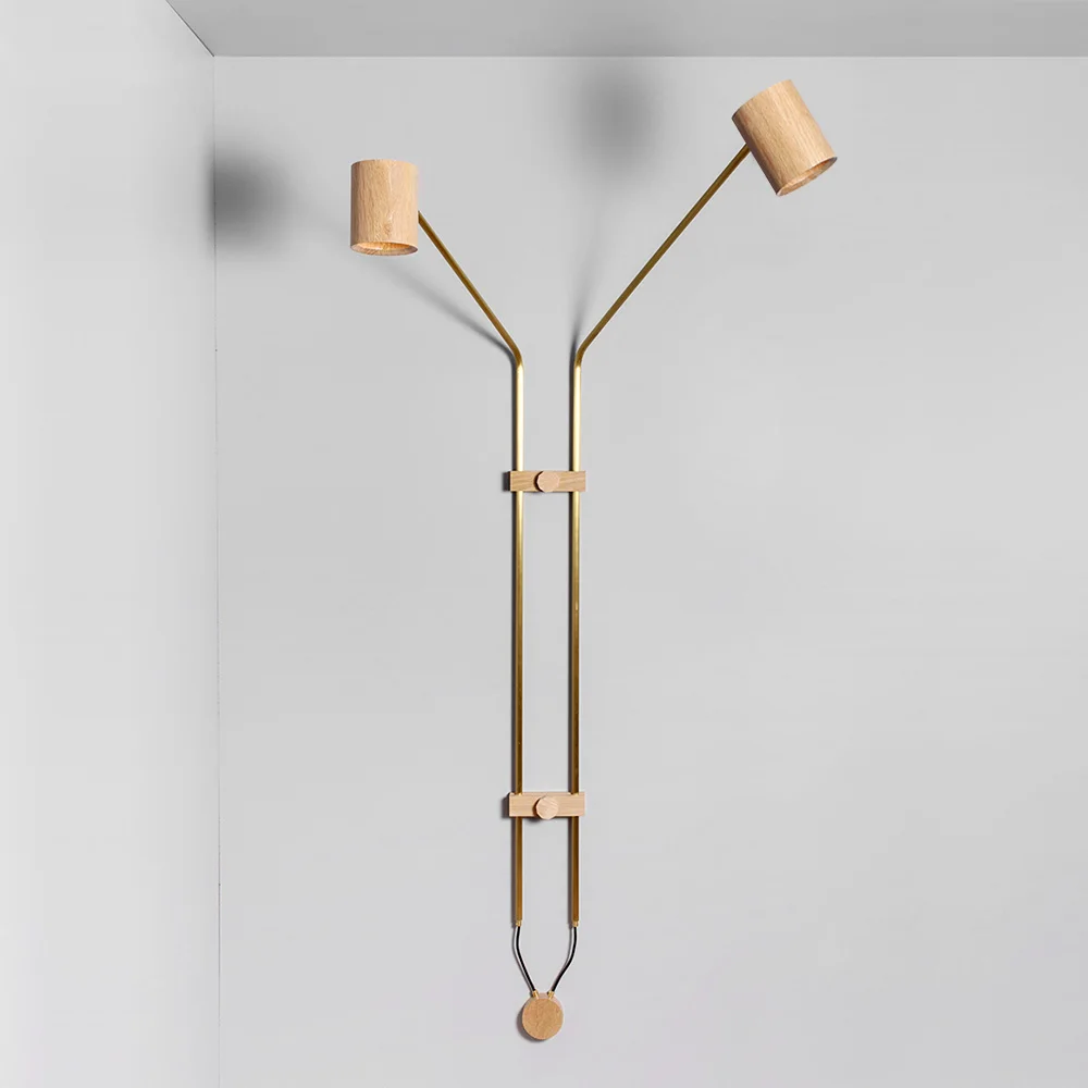 Luxury  Minimalism Oakwood Copper two heads large wall lamp for living room hotel lobby customized wall Lighting