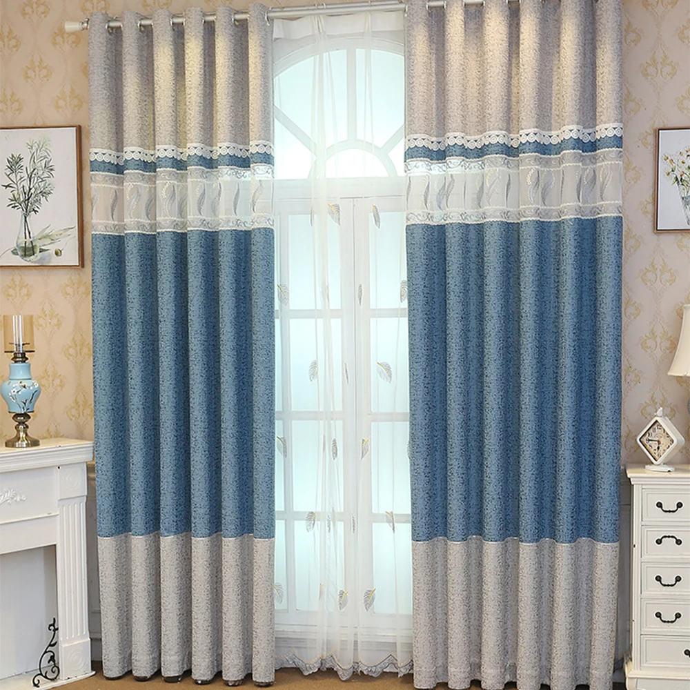 New Simple Elegant Stitching Blue Curtains Luxury Jacquard Design Curtains for Living Room Bedroom Home Textiles