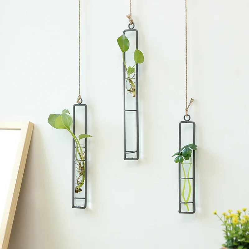 Metal Hydroponic Plant Vase Wall Hanging Unique Home Decoration Glass Wall Test Tube Flower Vase Hydroponic Indoor Plants